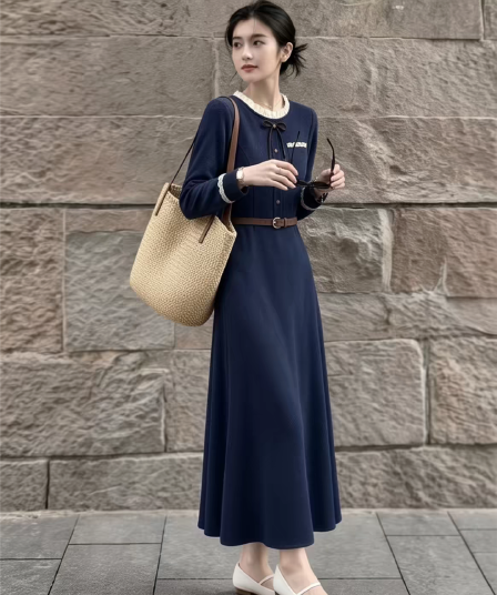 2026 가을 프랑스식 천 골드 파란색 드레스 여성 긴 소매 허리 수축 A라인 스커트 품격 우아함 그는 벤 바람 롱 스커트