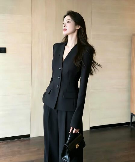 2026 슈퍼 화재 빛 사람들 코치 착용 가져 가라. 전체 집합 오래된 돈 바람 품격 출퇴근 검정색 정장 와이드 레그 팬츠 세트 여성