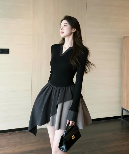 다시 a 다시 바람의 소리 로얄 자매 그는 벤 바람 인사이드 가져 가라. 품격 허리 수축 검정색 불규칙 배색 허리 수축 긴팔 여성 드레스