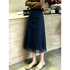 批发时尚轻熟风藏青色<b class='q'>蕾丝</b>边<b class='q'>半身裙</b>女秋2026新款高腰显瘦中长款A字裙