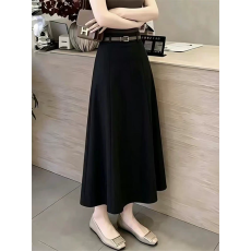 通勤风黑色高腰半身裙女2026秋冬新款休闲显瘦A字中长裙腰带装饰