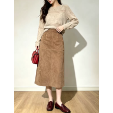 批发美拉德流行复古时髦A字半身裙女<b class='q'>秋</b>季高腰通勤显瘦麂皮质感中长裙