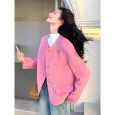 批发小香风粉色双面呢羊毛<b class='q'>短款</b>外套女秋冬2026新款小个子流行爆款大衣
