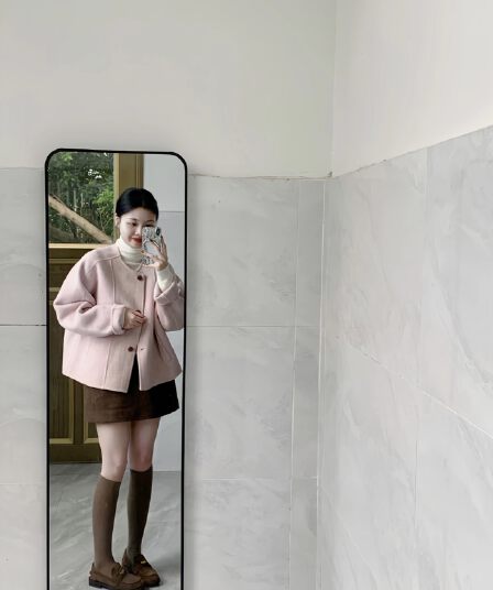 부드러운 분말 눈 지 작은 키 양면 외투 민들레 분말 라운드 넥 쇼트 스타일 양모 여성 코트