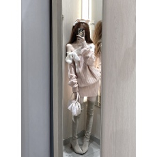 批发绝美一字肩针织<b class='q'>连衣裙</b>女秋冬穿搭<b class='q'>蝴蝶结</b>系带长袖毛衣宽松软糯上衣