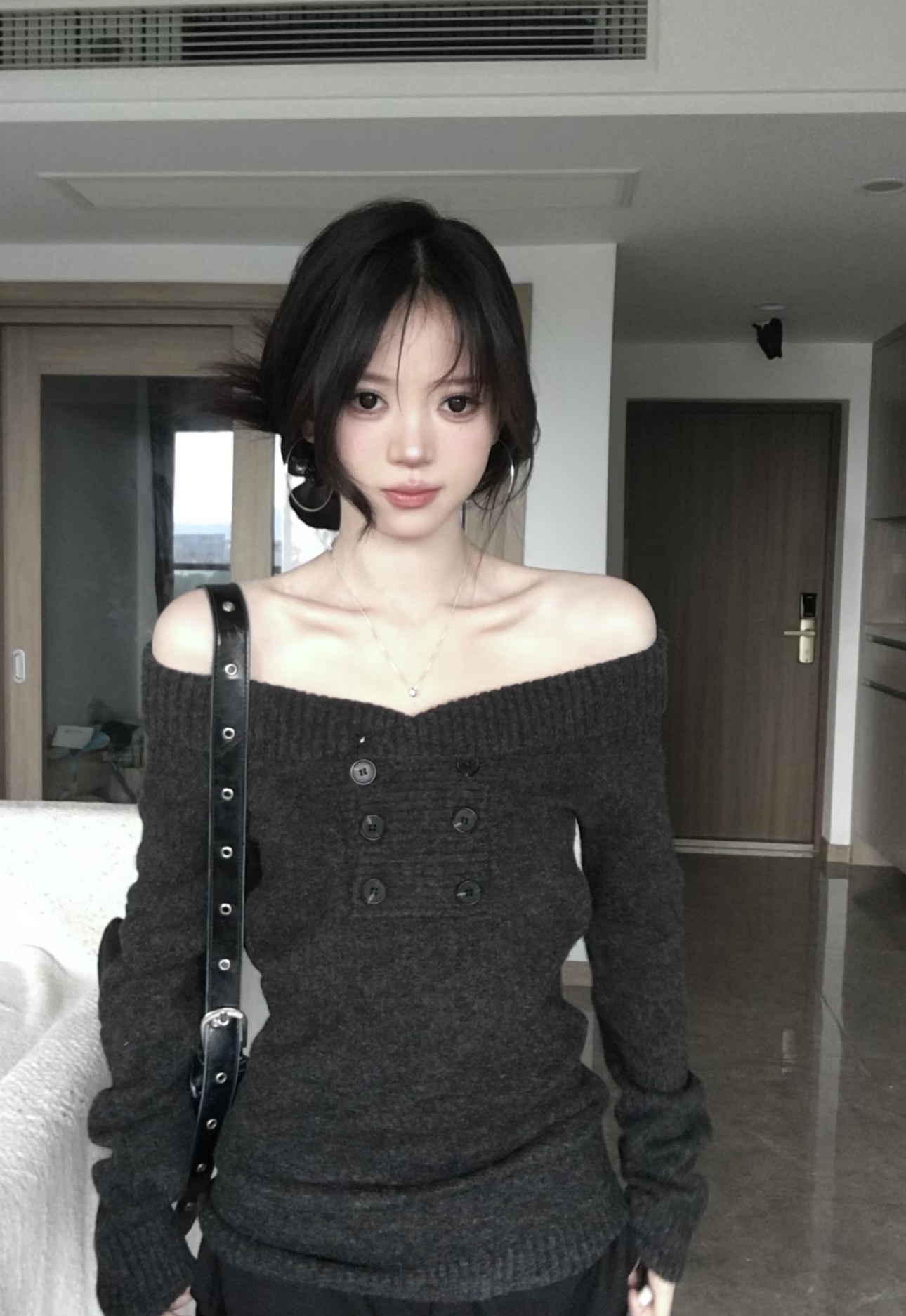 한 부서 품격 오프숄더 양모 니트 스웨터 가을 핫걸 오프숄더 스웨터 맨위