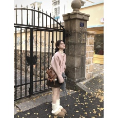 批发韩系粉色毛呢外套女百搭显瘦气质短款小个子呢子大衣冬季新款