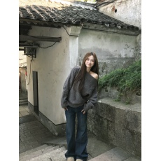 批发斜肩绞花长袖毛衣女秋季新款慵懒宽松休闲简约套头针织上衣