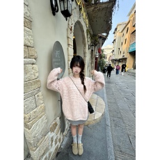 批发美式慵懒风粉色圆领针织毛衣<b class='q'>男</b>女秋冬宽松休闲百搭毛衫上衣