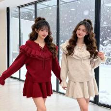批发冬装韩系穿搭一整套针织套头荷叶边系带毛衣短裙套装减龄两件套女