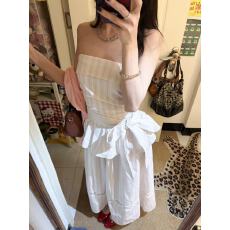 批发夏季粉色条纹吊带抹胸修身显瘦绑带连衣裙长裙女