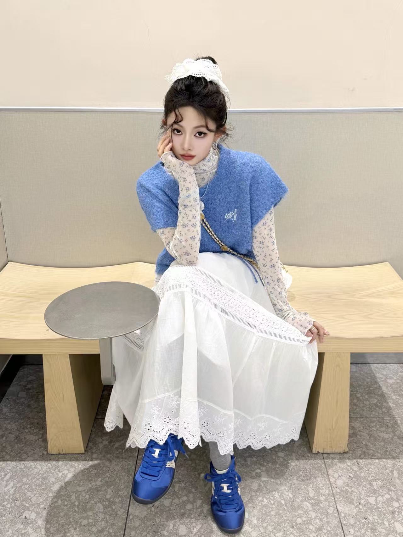 학원 부드러운 느긋한 바람 맨위 조끼 베스트 어깨 스택 바늘 짠 셔츠 풀오버 스웨터 여자 봄 가을 파란색
