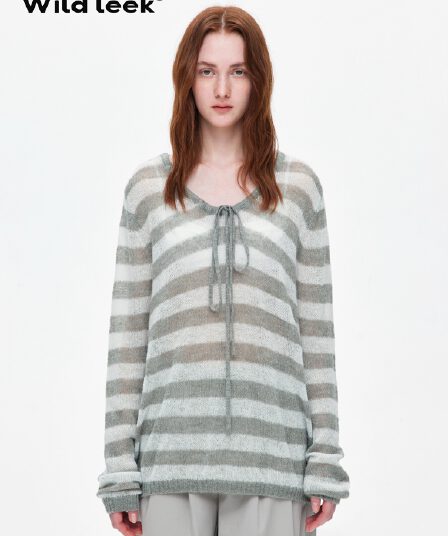 wild leek 기타 착용 법 하프 시스루 펌프 로프 스트라이프 블라우스 2026ss 대 네클라인 비스듬한 어깨 모헤어 짠 셔츠