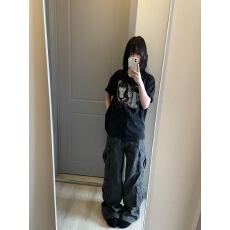 批发原创人像做旧水洗印花短袖<b class='q'>T</b><b class='q'>恤</b><b class='q'>男</b>女宽松街头反缝复古boxy上衣