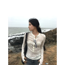 批发付智恩 深<b class='q'>V领</b>亨利领莱赛尔天丝立体提花显瘦长袖T恤上衣早秋