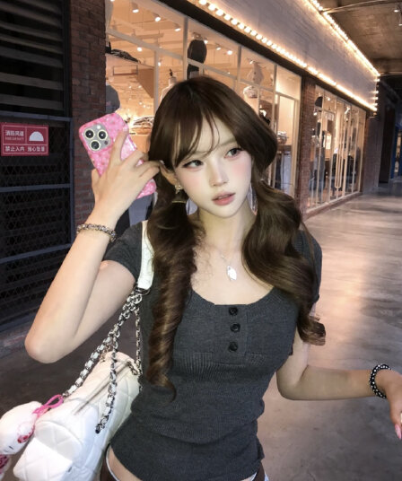 대 u 종류 헨리 칼라 양모 니트 반팔 티셔츠 맨위 여성 아메리칸 핫걸 짧은 맨위