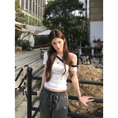 批发雕塑Tee 无结双曲冰麻斜肩撞色边收腰紧身显瘦短袖T恤上衣