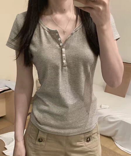 한 부서 레트로 스트라이프 단추 u 칼라 반팔 티셔츠 여성 여름 몸매 가꾸기 인사이드 가져 가라. 기본 셔츠 긍정적 인 어깨 슬림해 보이는 맨위 트렌디