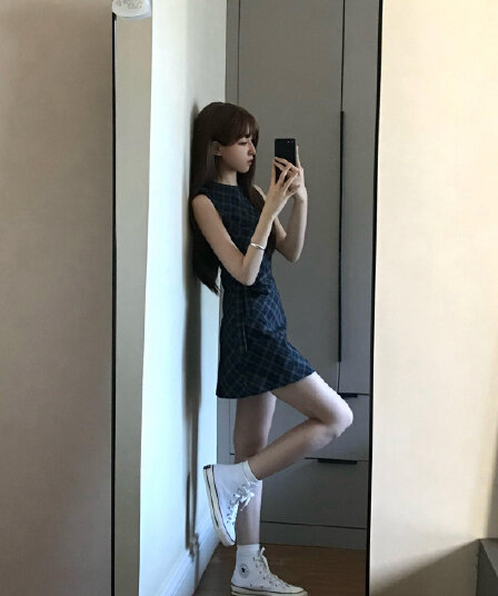 민소매 조끼 여성 체크무늬 허리 수축 아메리칸 레트로 학원 스타일 드레스