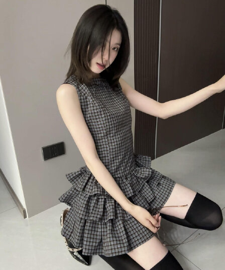 ariseism 아메리칸 레트로 체크무늬 staycation 민소매 여성 드레스 여름 새로운 치마
