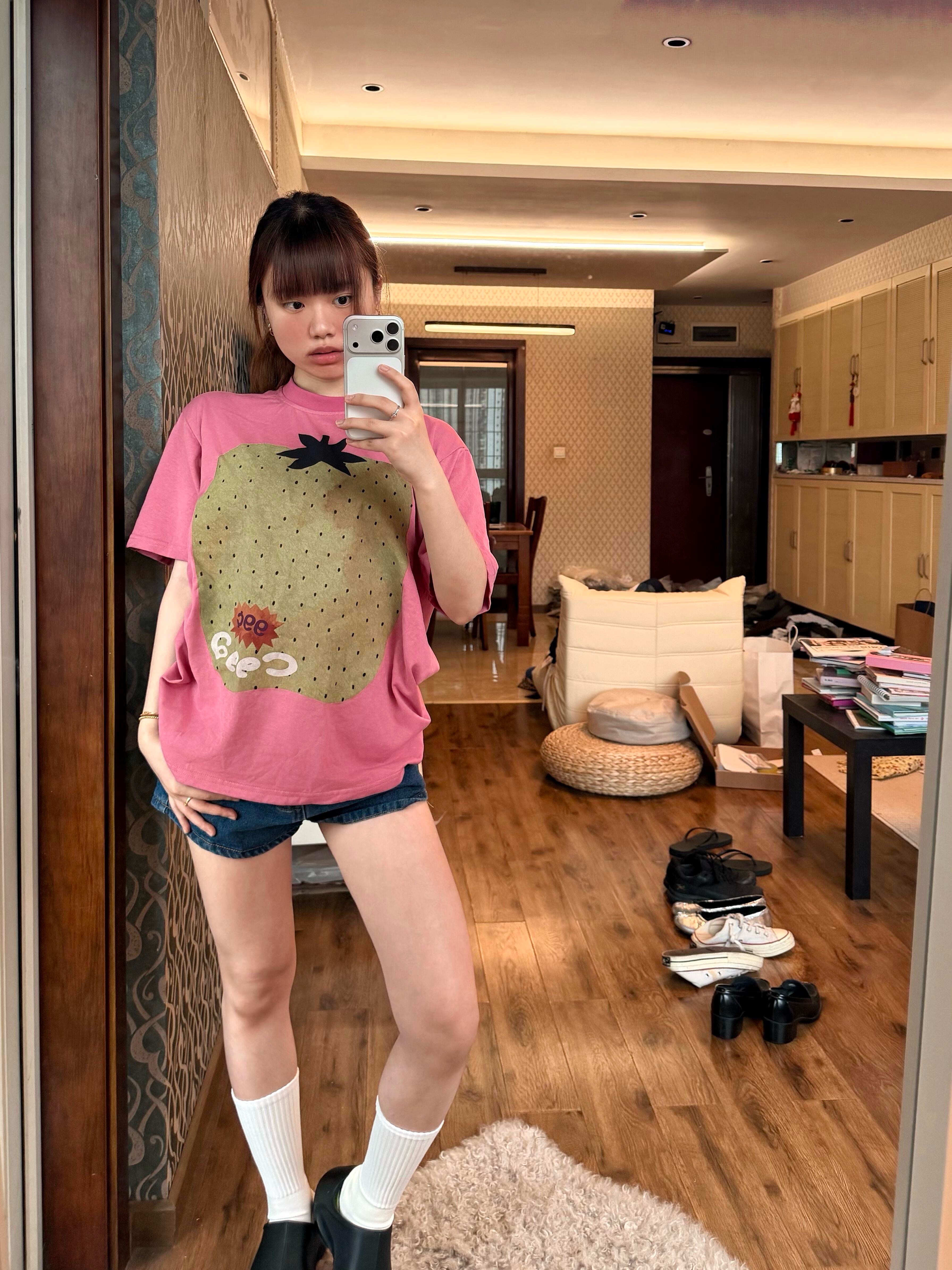 직접 만든 아메리칸 마 오래된 과일 프린트 반팔 티셔츠 남녀 여름 루즈핏 다용도 도파민 맨위