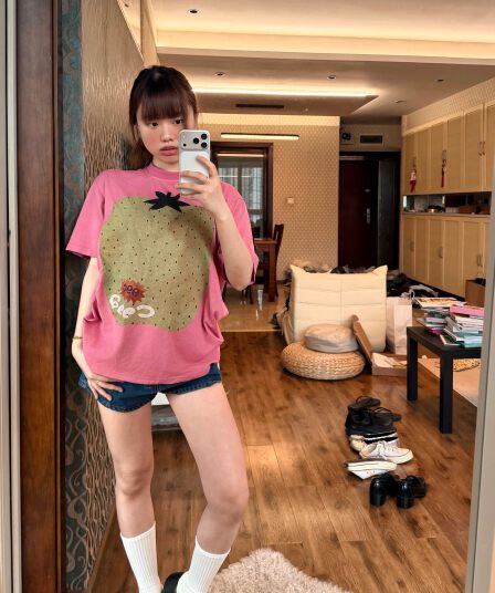 직접 만든 아메리칸 마 오래된 과일 프린트 반팔 티셔츠 남녀 여름 루즈핏 다용도 도파민 맨위
