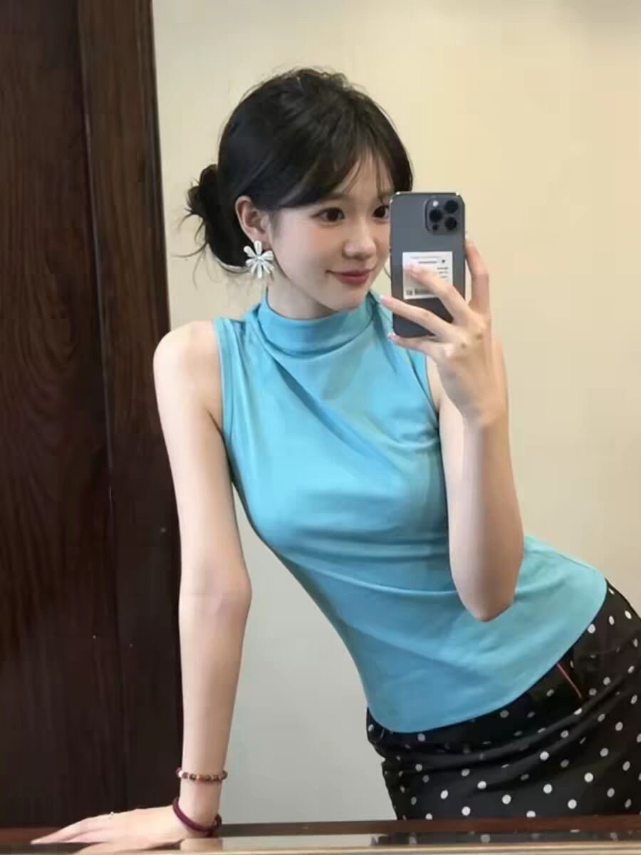한 부서 레트로 패치워크 레이크 블루 색상 풀오버 민소매 조끼 여성 여름 몸매 가꾸기 슬림해 보이는 디자인 센스 다용도 맨위 트렌디