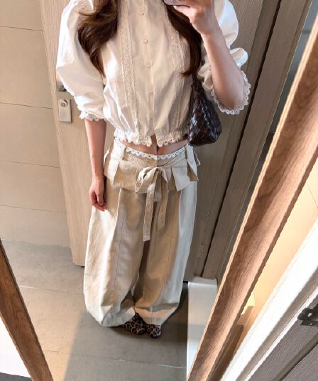 7부 소매 여성 셔츠 한 부서 출퇴근 카키 색 프릴 와이드 레그 팬츠