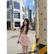 撞色小碎花背心连衣裙女夏季纯棉圆领修身收腰无袖短裙