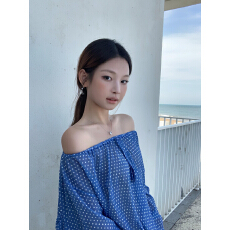 批发谢不肉 一字肩波点系带薄款<b class='q'>雪纺衫女</b>夏季宽松微透设计感长袖上衣
