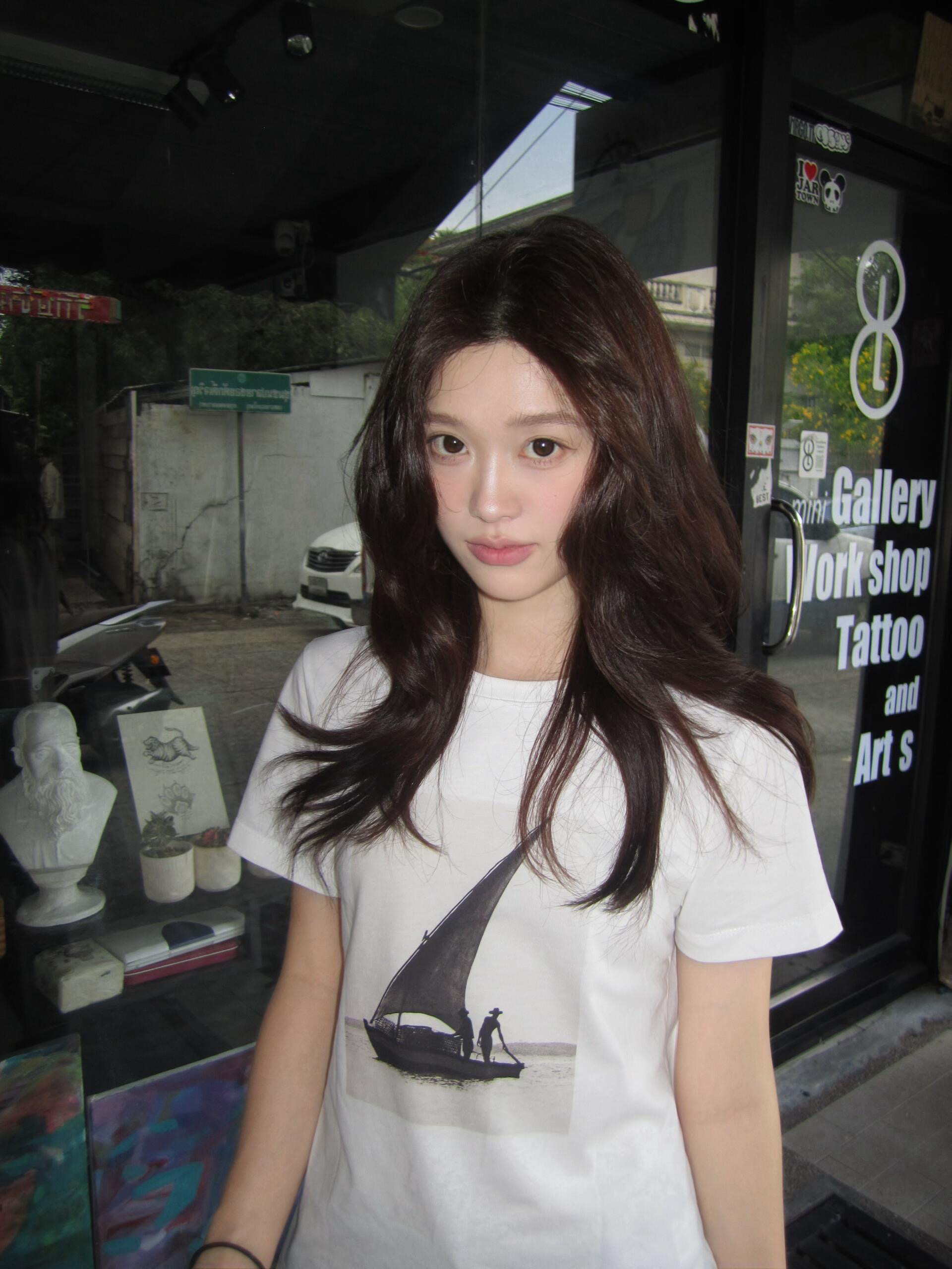 항해 프린트 면 센스 긍정적 인 어깨 루즈핏 티셔츠