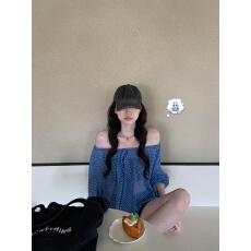 一字肩波点系带薄款雪纺衫女夏季宽松微透设计感长袖上衣