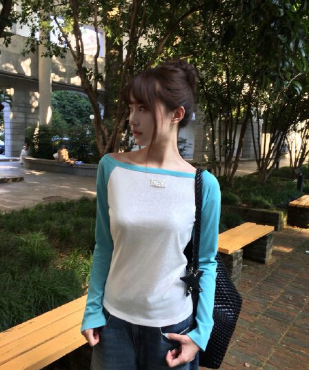 한 부서 패치워크 색상 오프숄더 삽입 어깨 소매 길이 소매 티셔츠 느긋한 느슨함 센스 몸매 가꾸기 슬림해 보이는 다용도 맨위