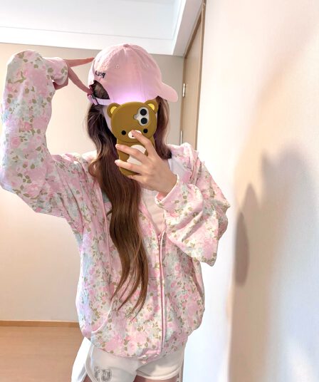 아메리칸 느긋한 바람 꽃무늬 전체 인쇄 긴팔 후드티 여성 루즈핏 캐주얼 다용도 카디건 코트