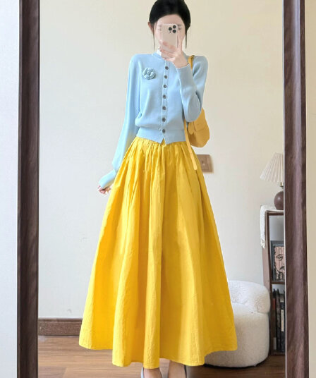 2026 새로운 파란색 니트 오픈 가디건 반신 스커트 이른 가을 아름다운 세트 한 부서 전체 집합 ootd 착용 가져 가라. 롱 스커트