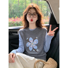 批发韩系精致<b class='q'>花朵</b>刺绣灰色针织马甲女士叠穿无袖<b class='q'>上衣</b>秋冬穿搭毛衣背心