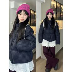 批发Peasluna韩系格纹立领短款棉服高级感宽松百搭冬季保暖面包服外套