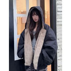 批发加绒座山雕双面穿连帽派克棉服女外套冬季美式百搭宽松夹克棉衣厚