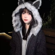 批发内里加兔毛猫耳条纹连帽棉服2026冬季新款美式潮牌小个子<b class='q'>棉衣</b>外套