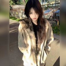 批发内里加兔毛猫耳条纹连帽棉服2026冬季新款美式潮牌小个子<b class='q'>棉衣</b>外套