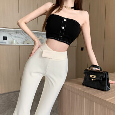 批发Sun雅乔 春夏季新款奶白韩系喇叭裤简约时尚交叉温柔休闲<b class='q'>长裤</b>女