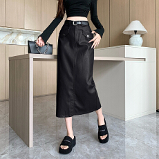 批发黑色皮裙半身裙女秋冬新款高腰显瘦设计感中长款a字裙开叉<b class='q'>包臀</b>裙
