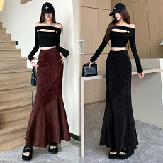 批发黑色欧棉绒半身裙女春夏气质高腰修身a字<b class='q'>包臀</b>裙步步生莲鱼尾<b class='q'>长裙</b>