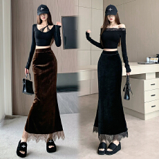 批发美拉德咖色丝绒半身裙春秋款高腰蕾丝花边鱼尾裙中长款遮肉<b class='q'>包臀</b>裙