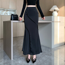 批发黑色醋酸缎面拼接鱼尾<b class='q'>半身裙</b>女夏季2025新款时尚<b class='q'>高腰</b>显瘦包臀长裙