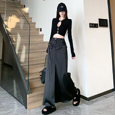 批发设计感<b class='q'>高腰</b>牛仔拼接黑色包臀裙2025年夏季新款纯欲气质开叉长裙女