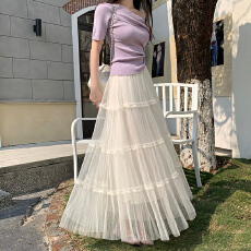 批发白色仙气飘飘网纱半身裙春夏新款蕾丝中长款蓬蓬纱裙轻奢百褶裙子