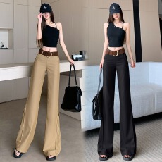 批发美式米白色微喇西装裤女秋季设计感高腰阔腿裤垂坠感百搭拖地长裤