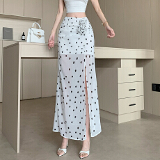 批发<b class='q'>白色</b>波点雪纺半身裙女夏季时尚褶皱高腰a字裙垂感开叉包臀中<b class='q'>长裙</b>