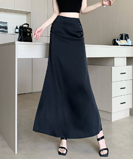 프랑스식 아세트산 새틴 반신 스커트 여성 여름 디자인 센스 펌프 Pleat 하이웨이스트 타이트 스커트 패션 다용도 a 단어 길이 치마